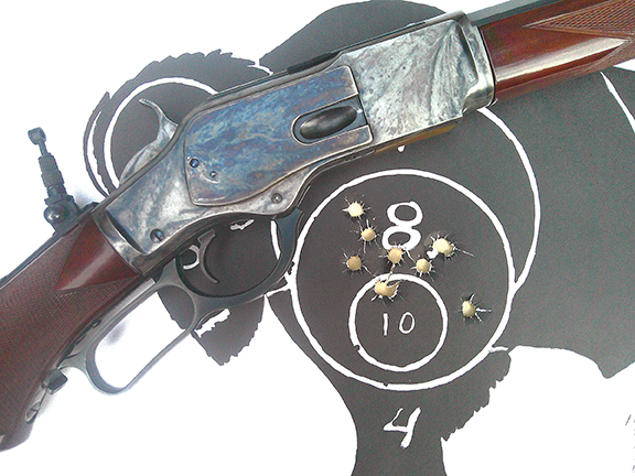Rifle and 50-yard buffalo target showing the 10-shot grouping.